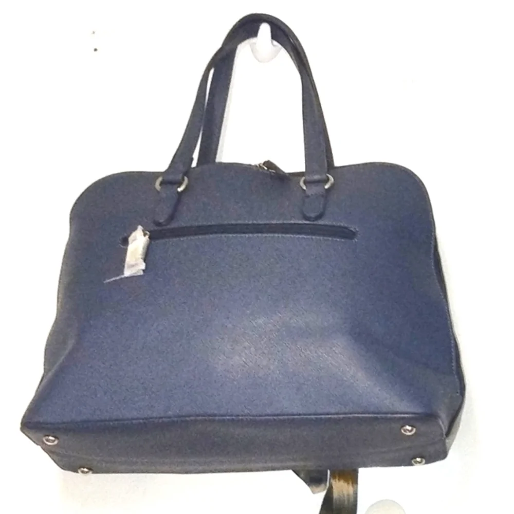 Colorblock Suede & Faux Leather Tote Bag with Scarf Accent – Navy & Gray - Picture 2 of 8